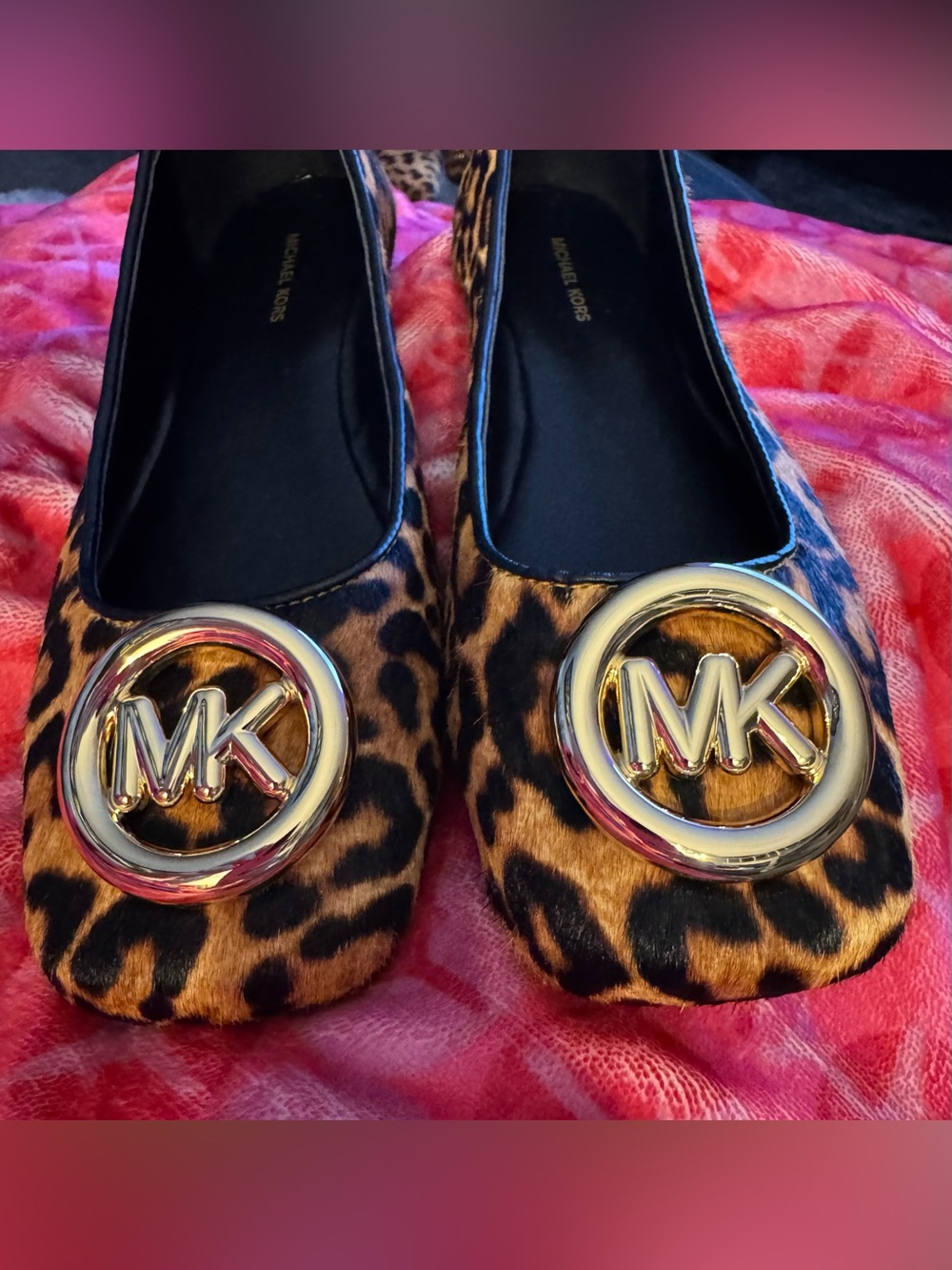 New Michael Kors Milan Flex Ballet Flat MK Logo Cheetah Haircalf Marigold, 8.5